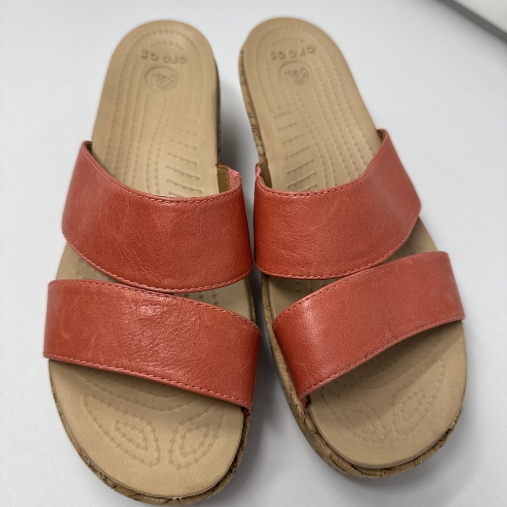 Crocs A-Leigh Leather Mini Wedges Platform‎ Slip On Straps Pink 16205 Women's 9